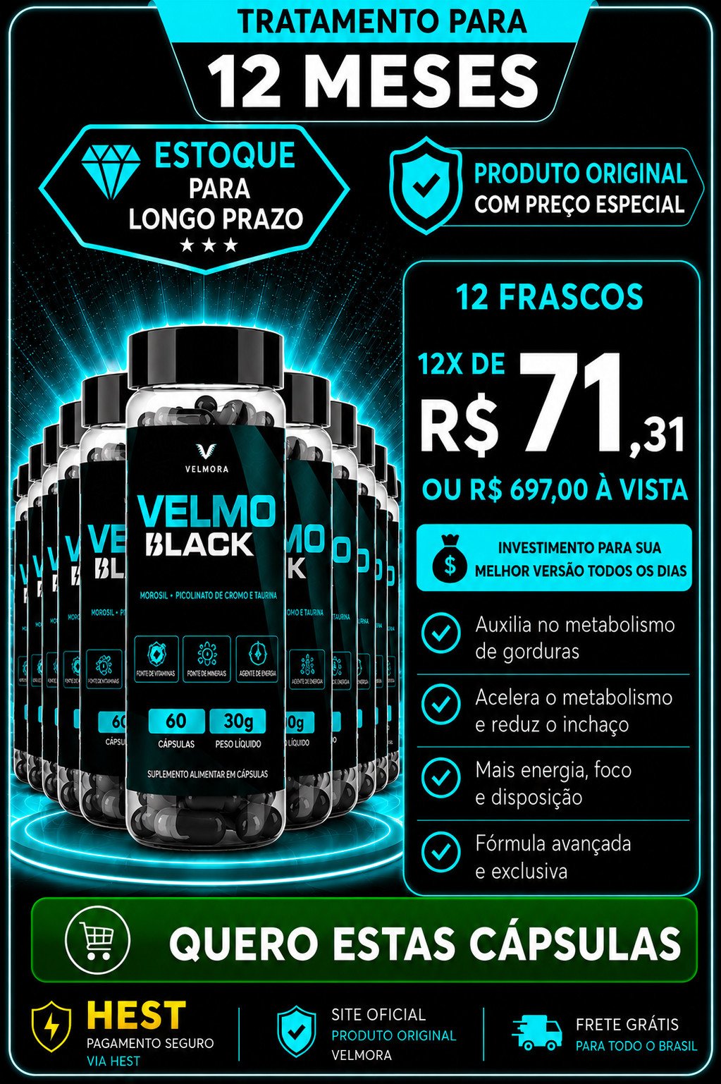 VELMO BLACK 12 MESES DE CAPSULAS 12 FRASCO