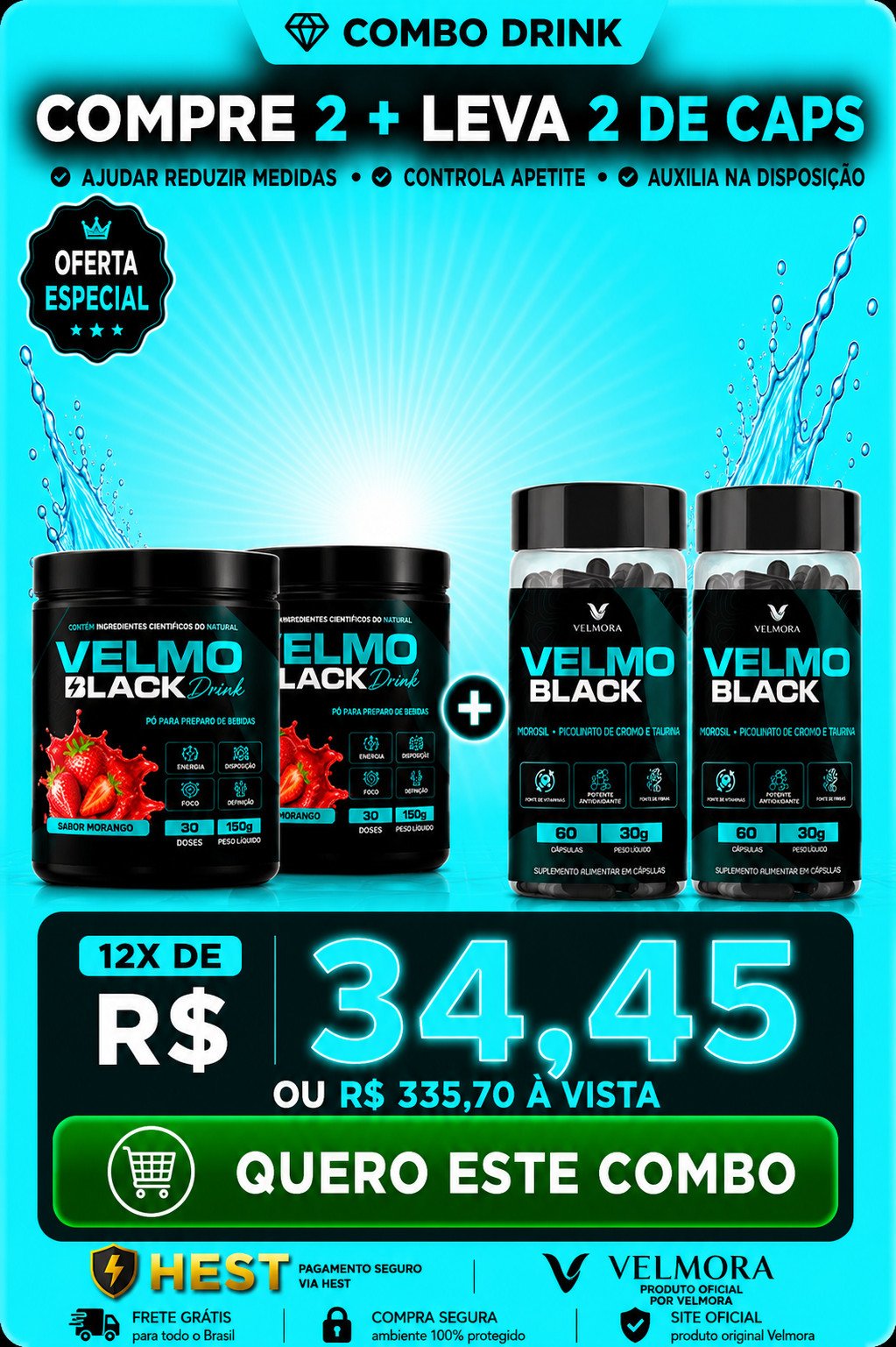 VELMO BLACK 2 COMBO MORANGO DRINK MAIS CAPSULAS