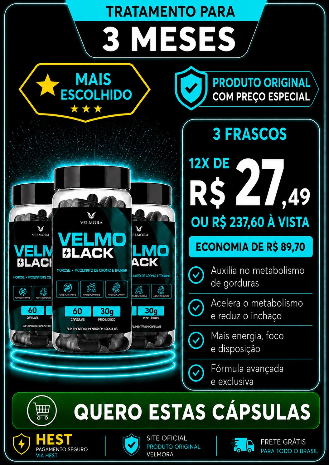 VELMO BLACK 3 MESES DE CAPSULAS DE 3 FRASCOS COMBO