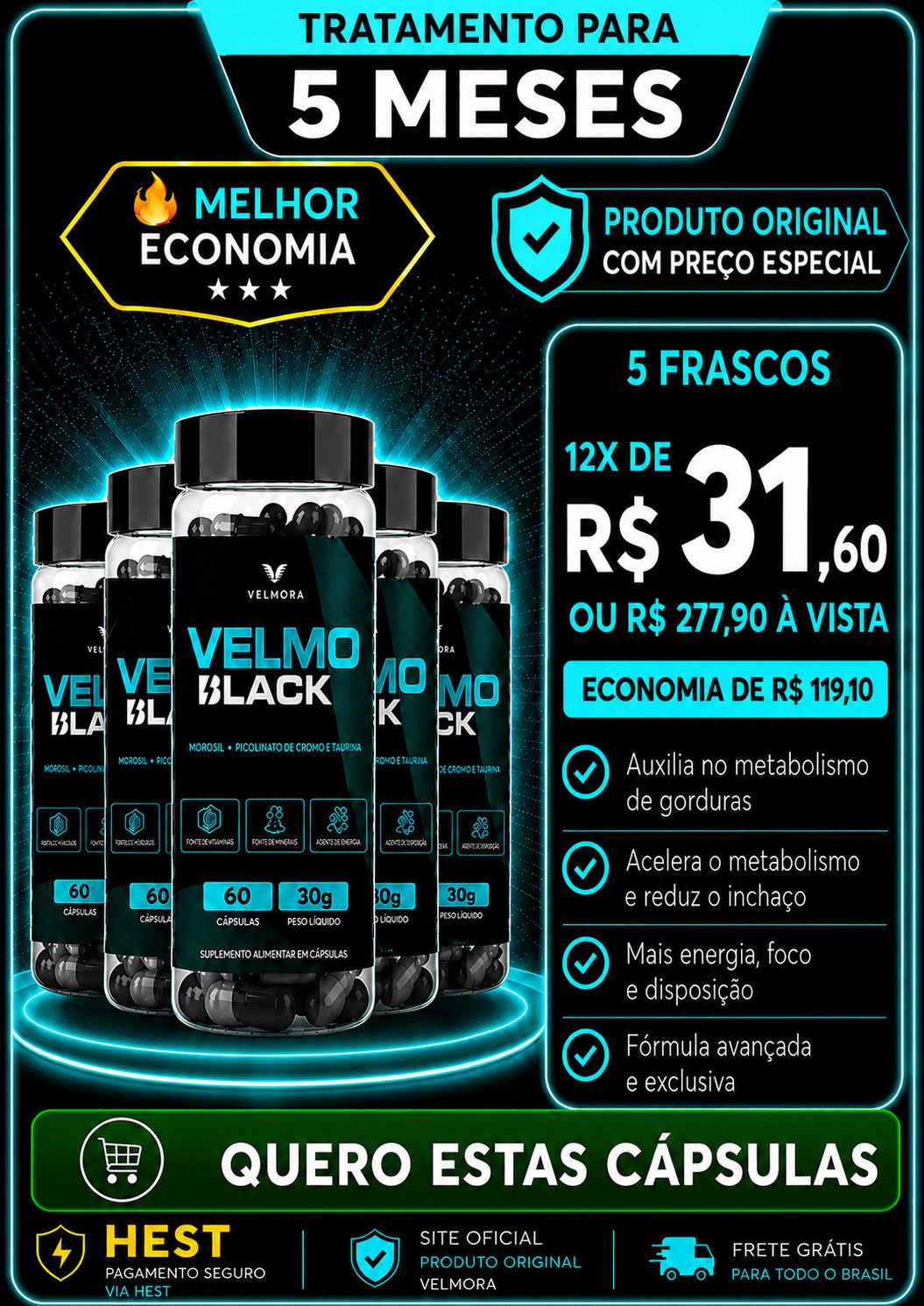 VELMO BLACK 5 MESES DE TRATEMENTO CAPSULAS 5 FRASCOS
