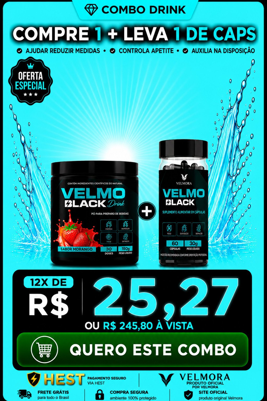 VELMO BLACK CAPSULAS MORANGO DRINK