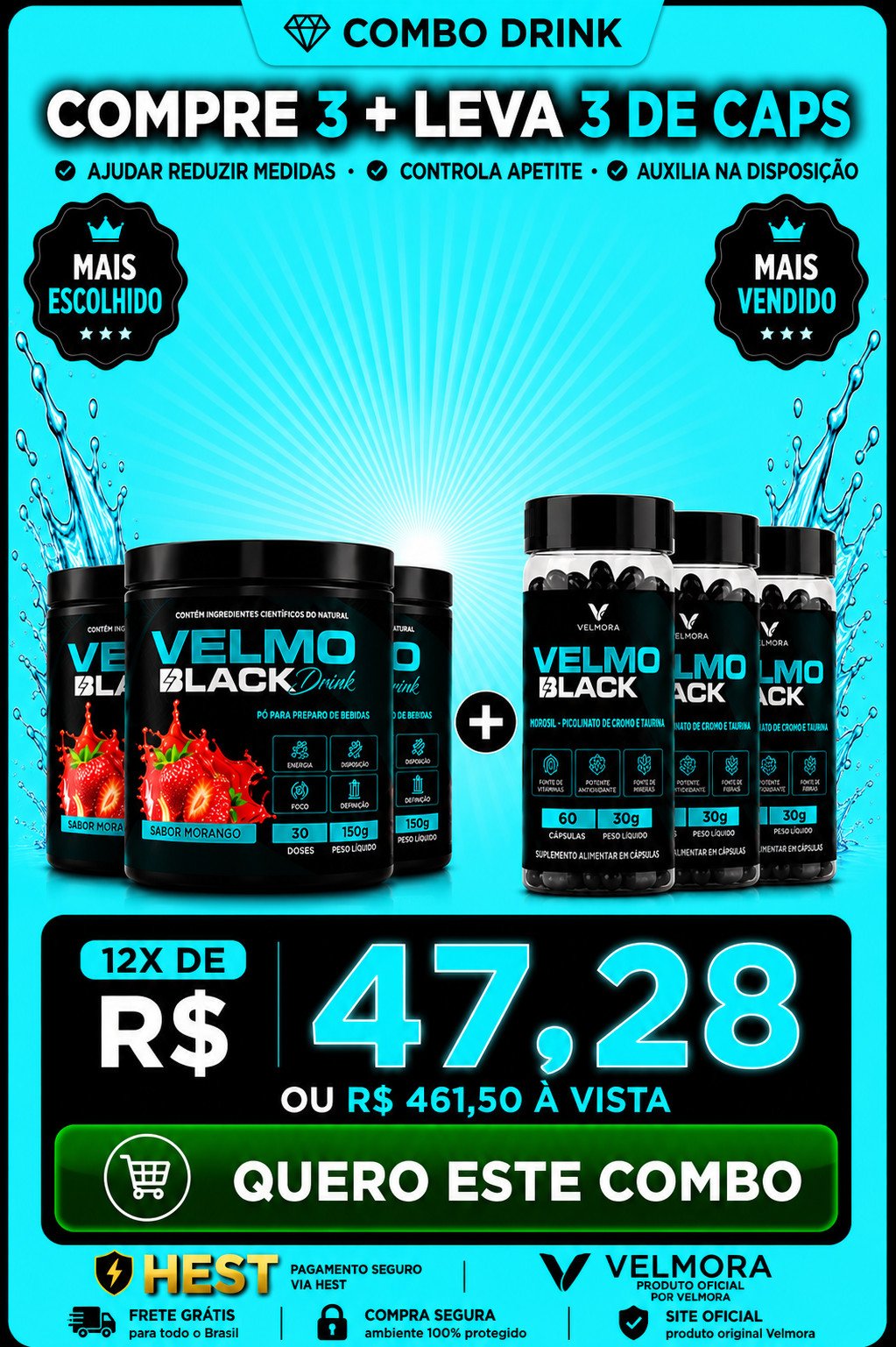 VELMO BLACK COMBOS 3 DE MORANGO CAPSULAS