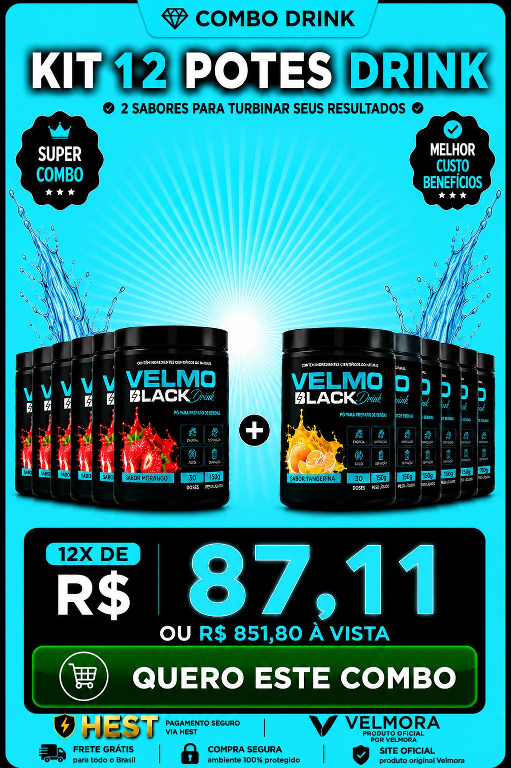 VELMO BLACK KIT 12 POTES DRINK MORANGO TANGERINA