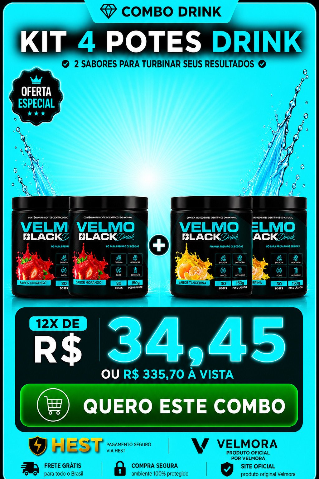 VELMO BLACK KIT 4 COMBO MORANGO TANGERINA DRINKS MAIS CAPSULAS