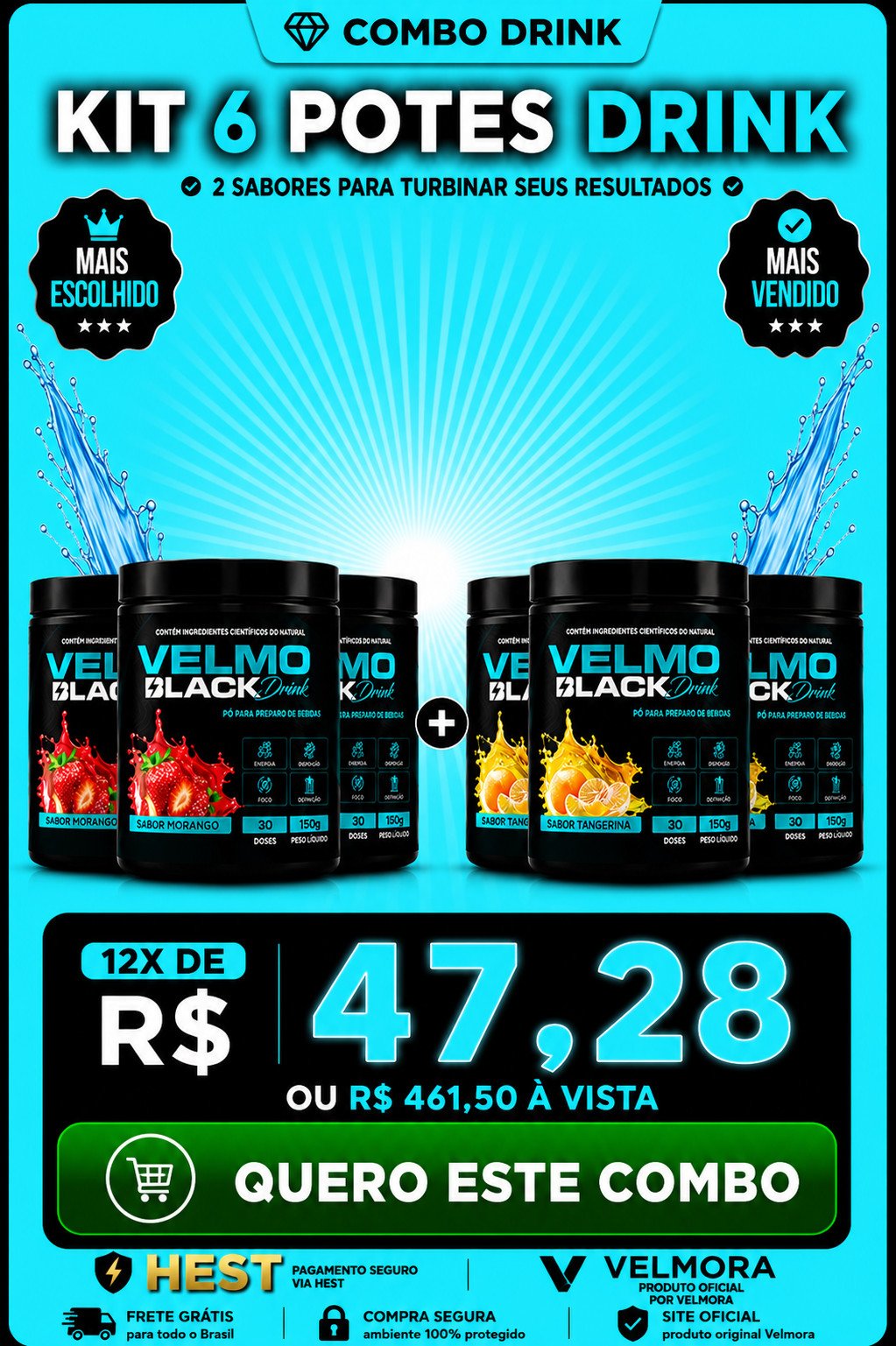 VELMO BLACK KIT 6 POTES DE MORANGO TANGERINA DRINK
