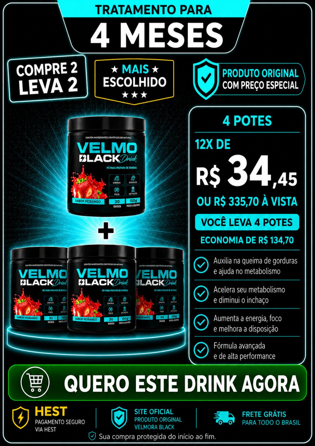 Velmo Black 4 Meses Compre 2 Leva 2 de Morango