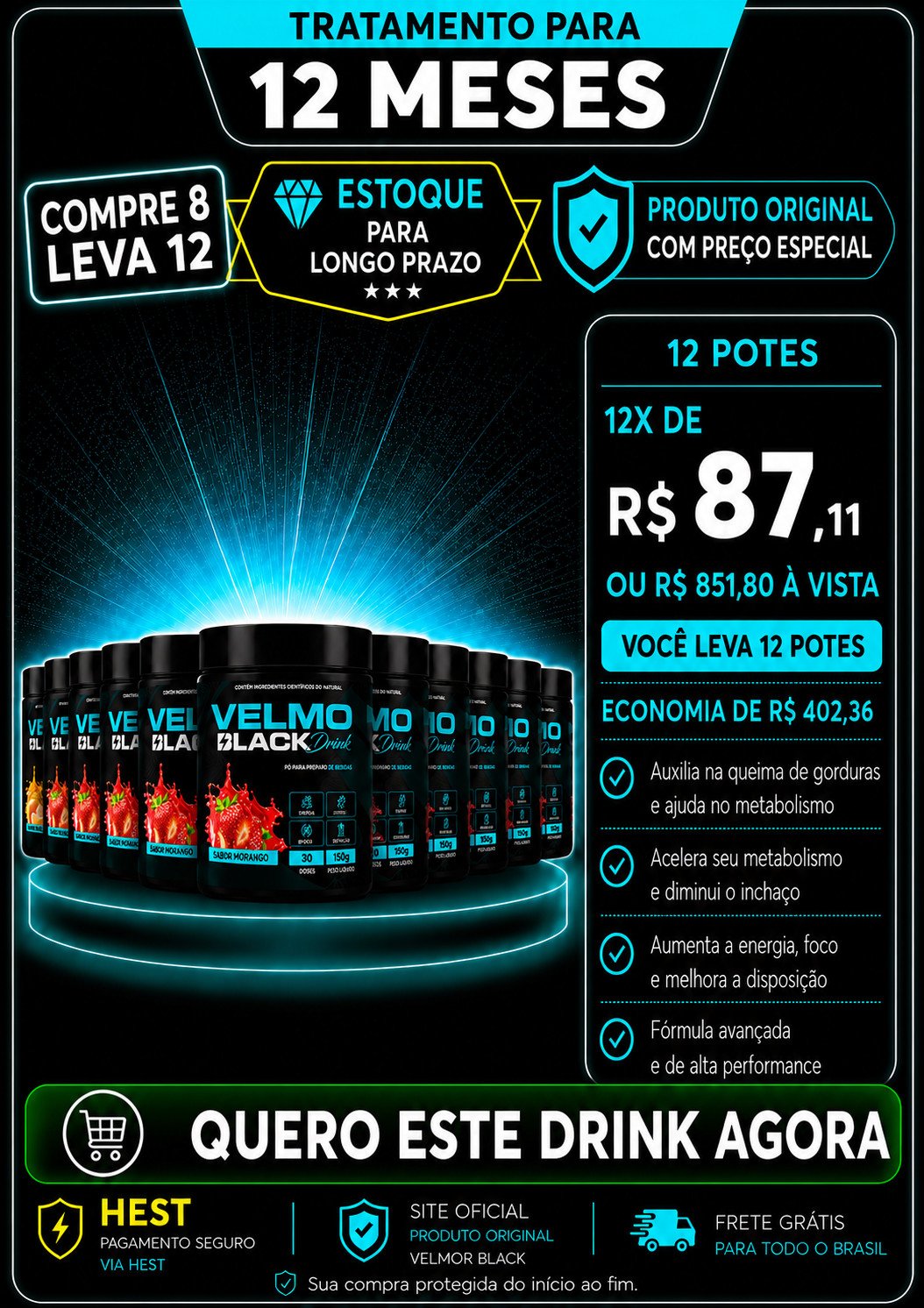 Velmo Black Tratamento 12 Meses Morango Leva 12