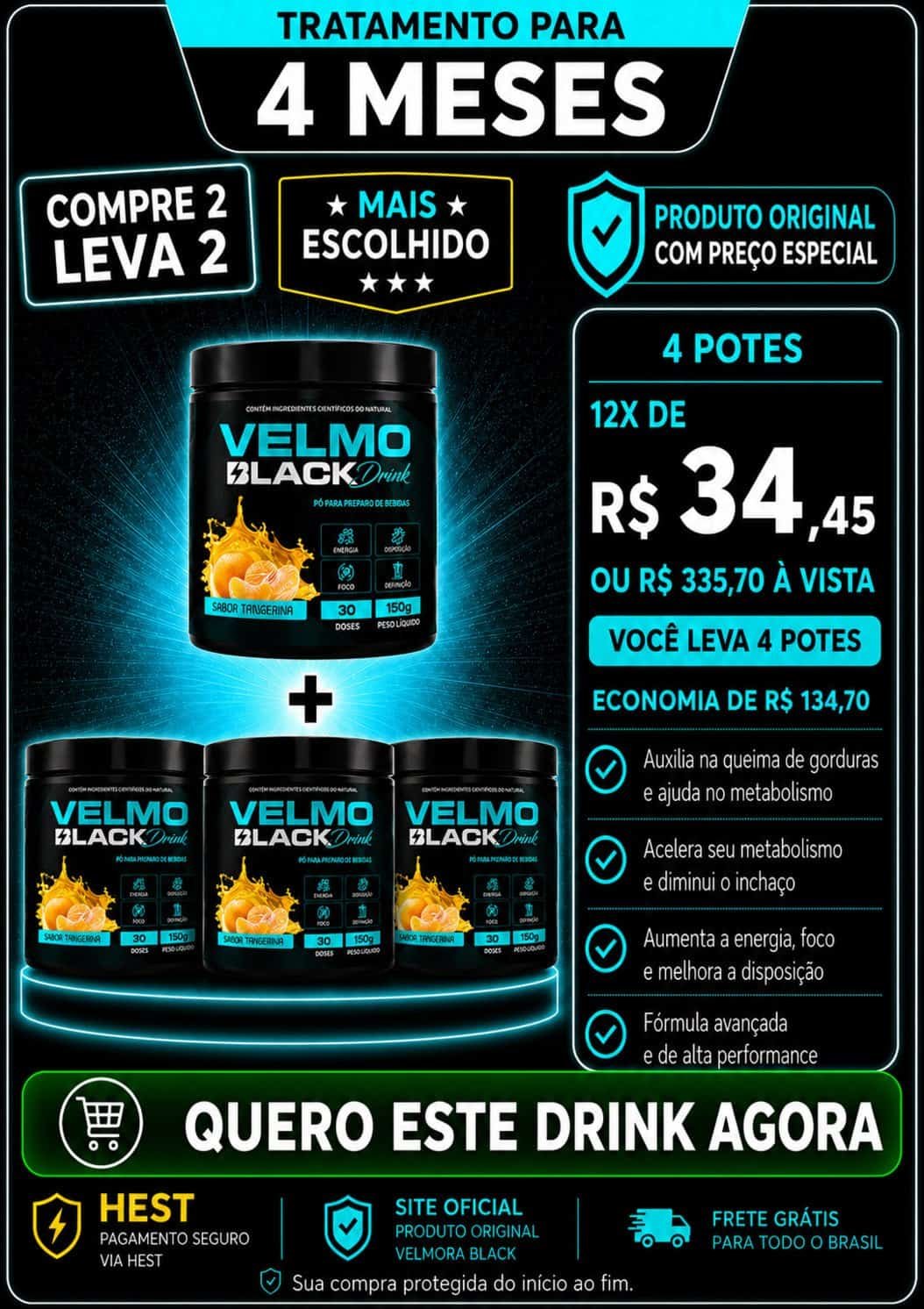 Velmo Black Tratamento 3 Meses Leva 4 Potes