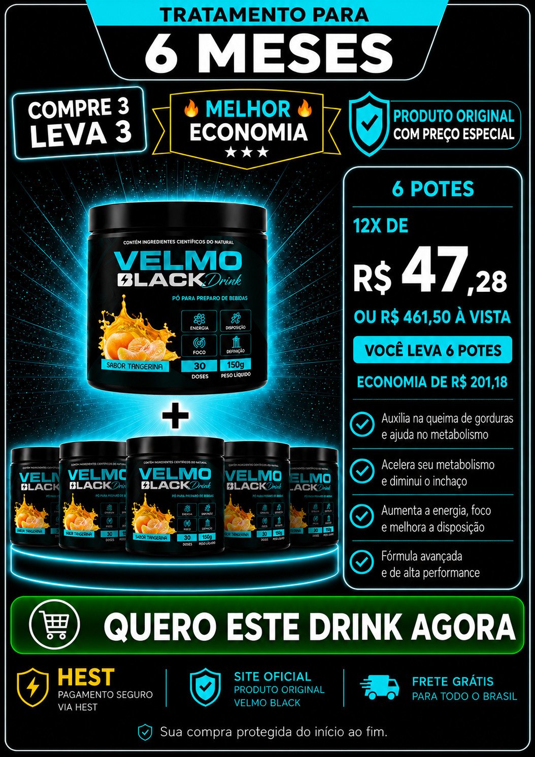 Velmo Black Tratamento 6 Meses 12 Potes