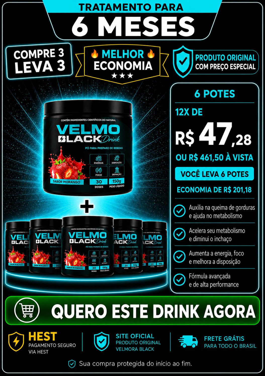 Velmo Black Tratamento de 6 Meses Compra 3 Leva 3 de Morango